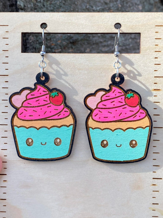Cupcake Kawaii Hand Painted Wood Earrings image 0
