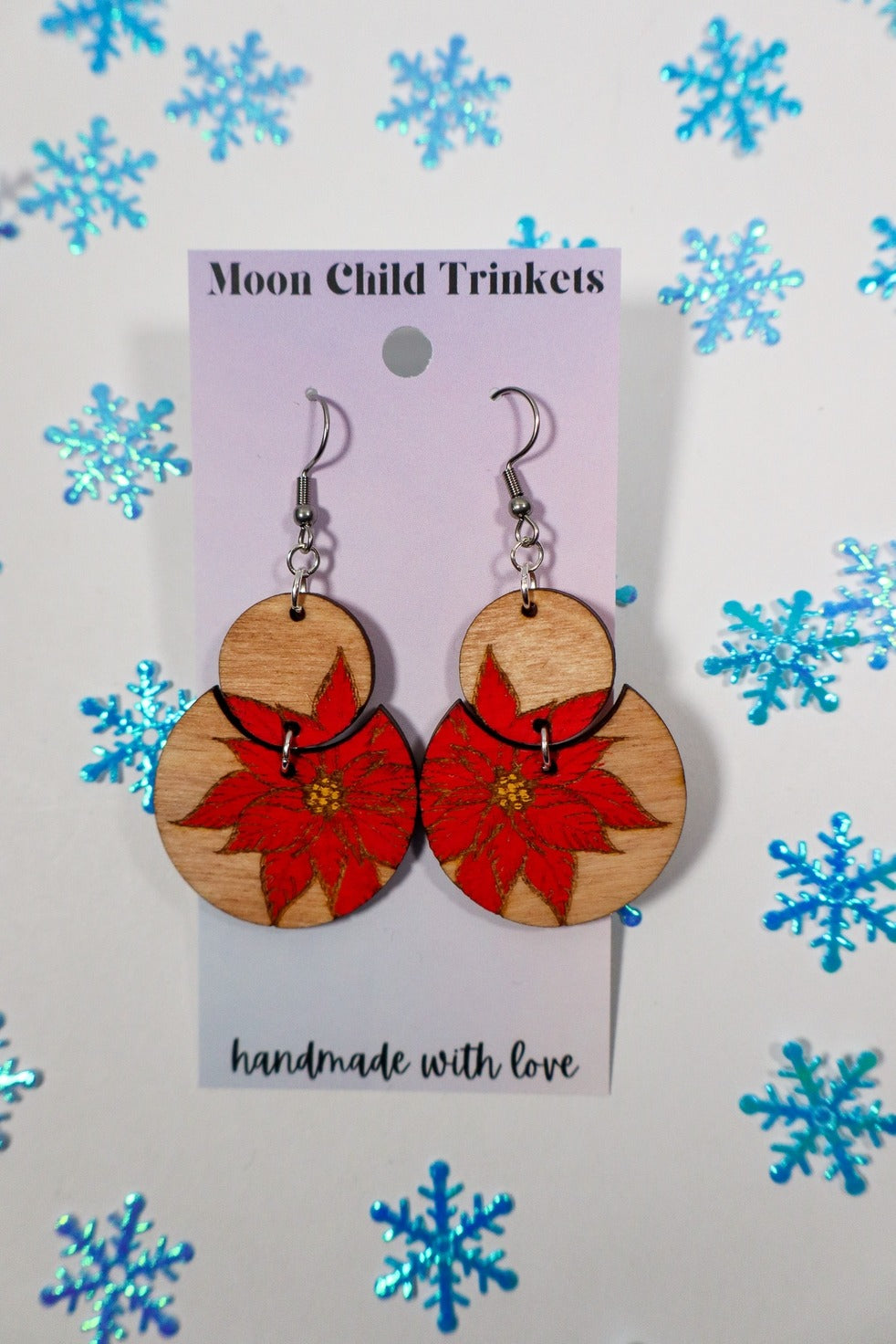 Poinsettia Holiday Rustic Christmas Hand Painted Dangle Earrings