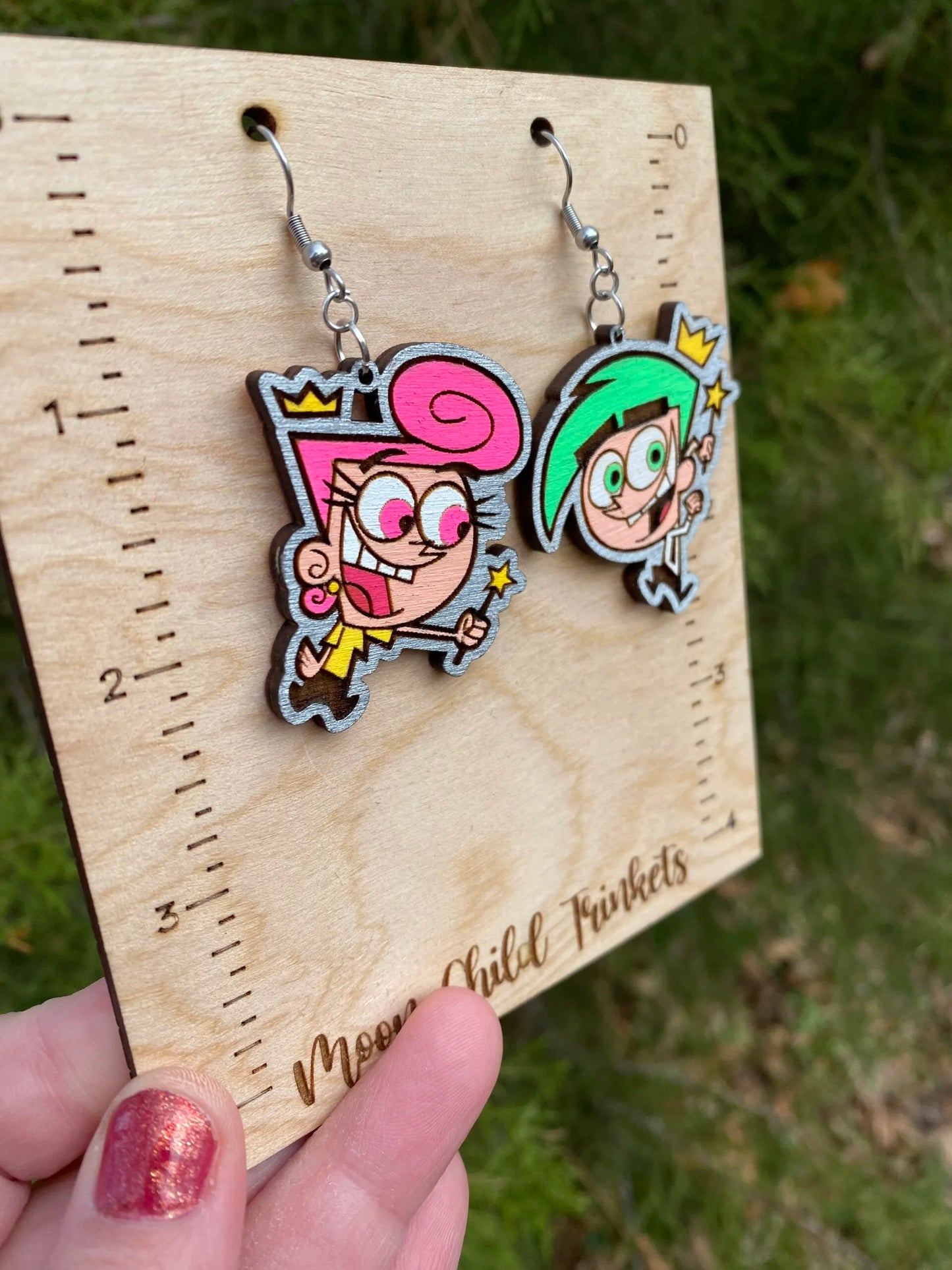 Fairly Odd Parents Cosmo and Wanda Hand Painted Wood Dangle Earrings image 1
