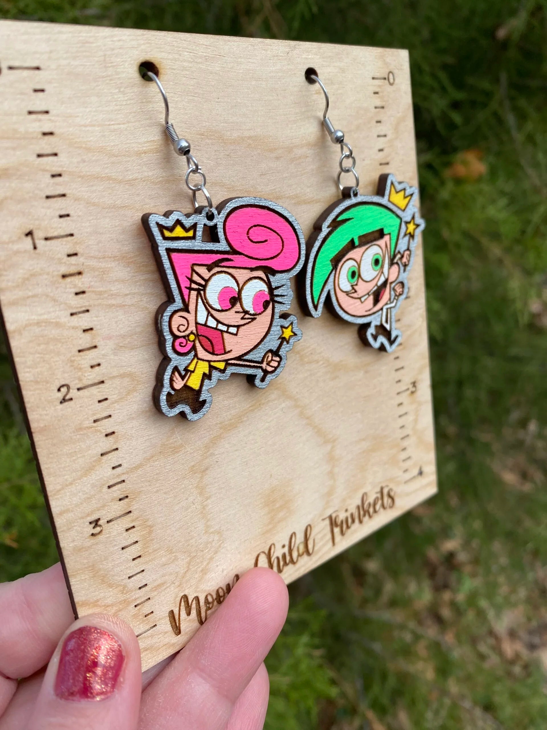 Fairly Odd Parents Cosmo and Wanda Hand Painted Wood Dangle Earrings image 1