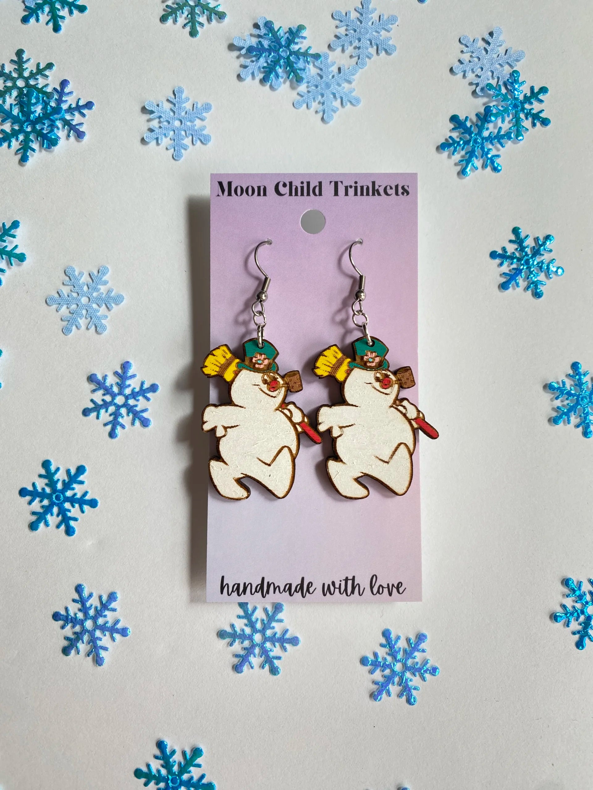 Frosty The Snowman Christmas Hand Painted Wooden Dangle Earrings image 0