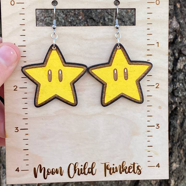 Super Mario Bros Super Star Hand Painted Wood Dangle Earrings