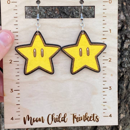 Super Mario Bros Super Star Hand Painted Wood Dangle Earrings
