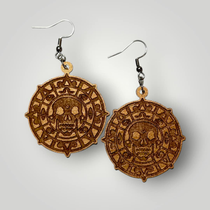 Pirates of The Caribbean Coin Hand Painted Wood Dangle Earrings