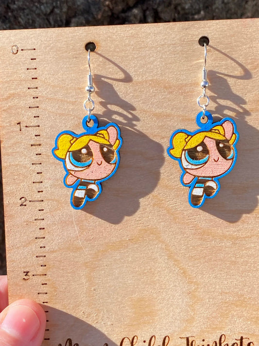 Powerpuff Girls Bubbles Hand Painted Wood Dangle Earrings image 0