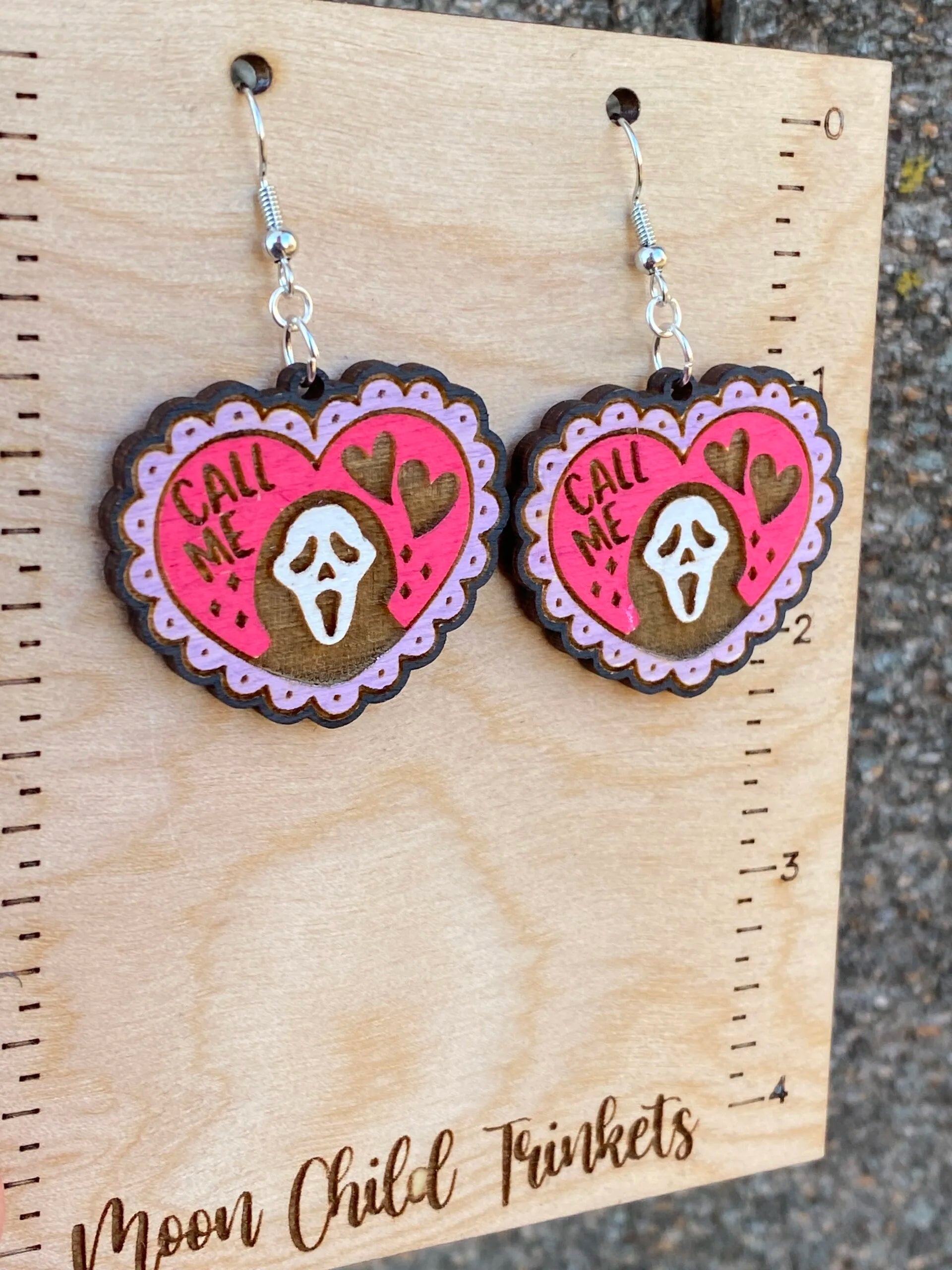 Ghost Face Horror Valentine Hand Painted Wood Dangle Earrings image 0