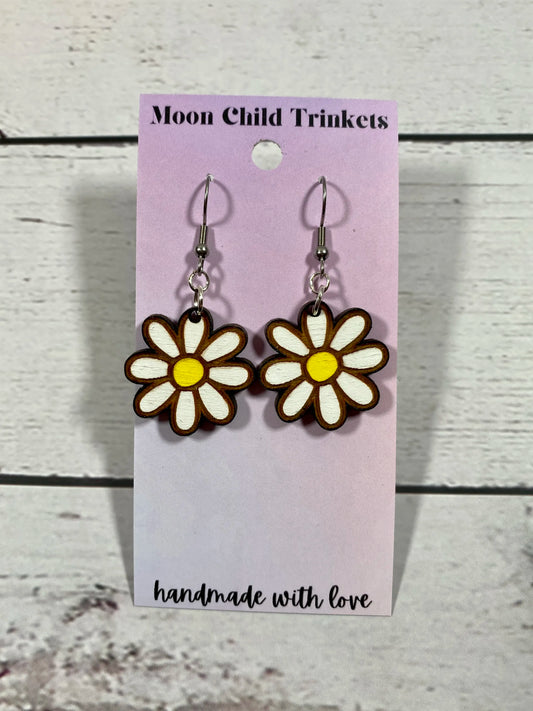 Daisy Hand Painted Wood Dangle Earrings image 0