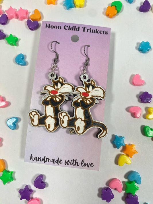 Sylvester the Cat Looney Tunes Hand Painted Wood Dangle Earrings image 0
