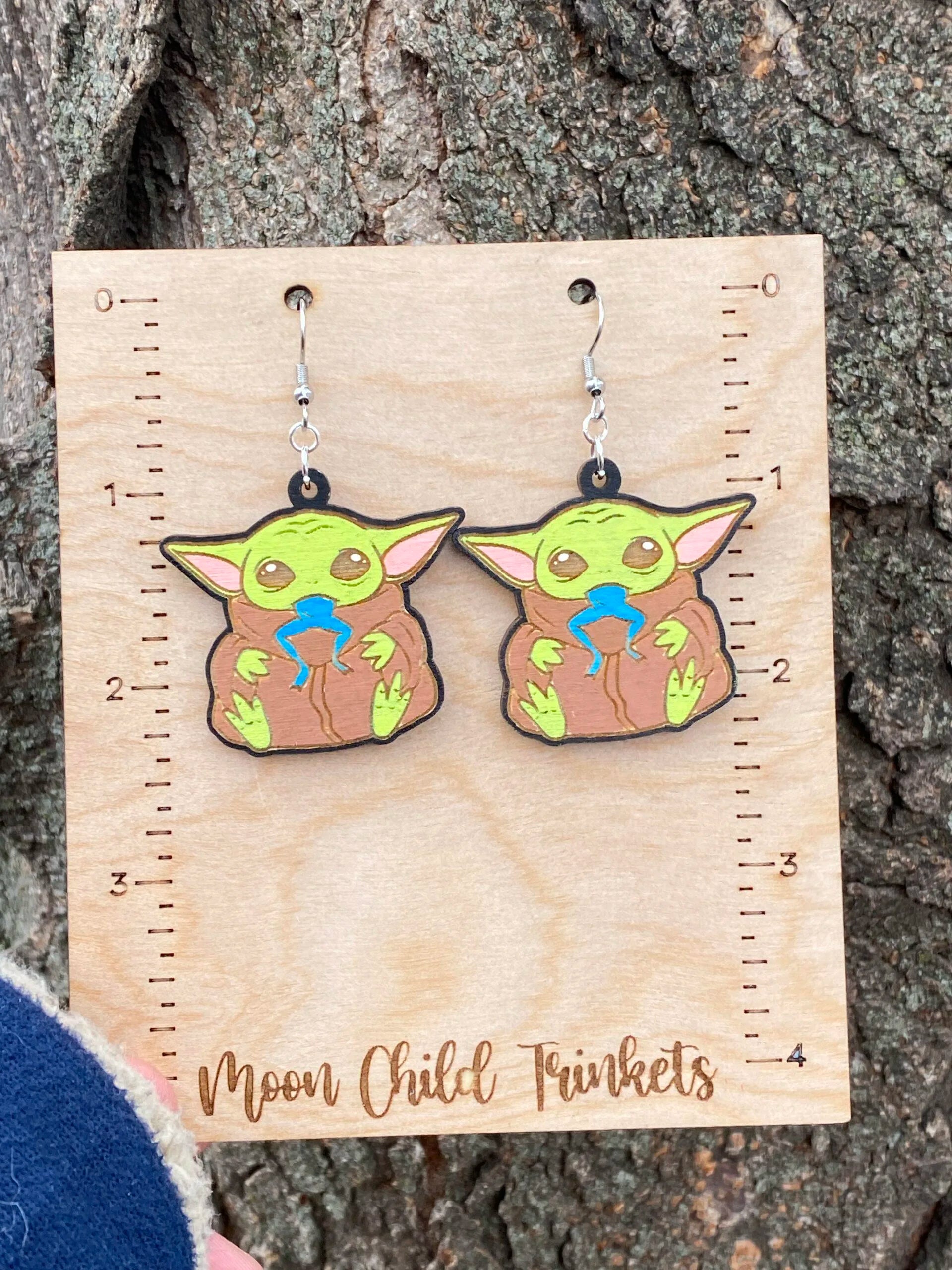Baby Yoda Star Wars Hand Painted Wood Dangle Earrings image 2
