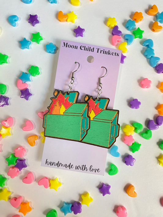 Dumpster Fire Hand Painted Wood Dangle Earrings image 0