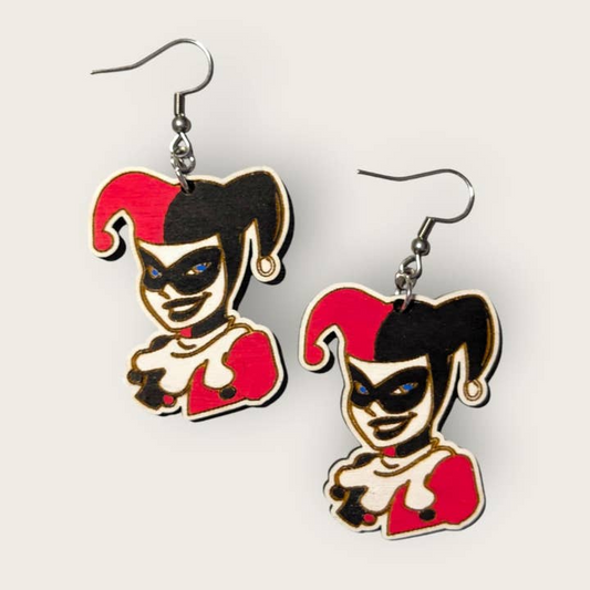 Harley Quinn Hand Painted Wood Dangle Earrings
