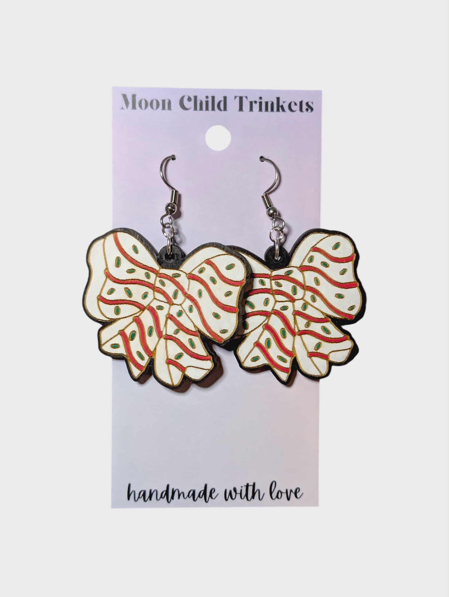 Christmas Tree Cake Bow Hand Painted Wood Earrings