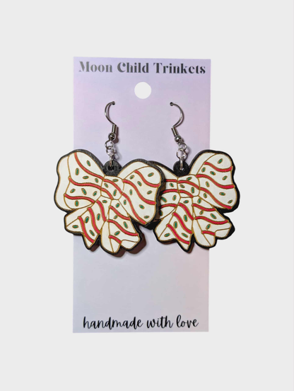 Christmas Tree Cake Bow Hand Painted Wood Earrings