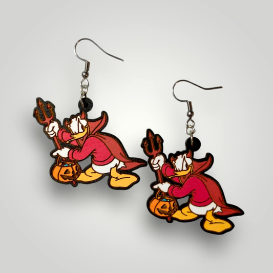 Donald Duck Devil Costume Halloween Hand Painted Wood Dangle Earrings