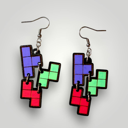 Retro Arcade Tetris Hand Painted Wood Earrings