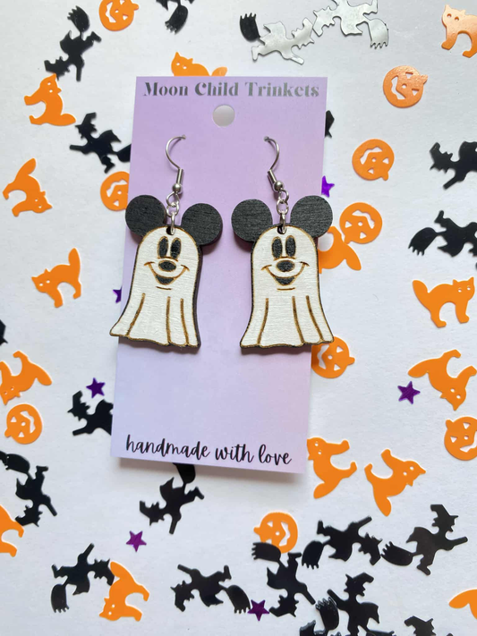 Mickey Mouse Ghost Halloween Hand Painted Wood Dangle Earrings