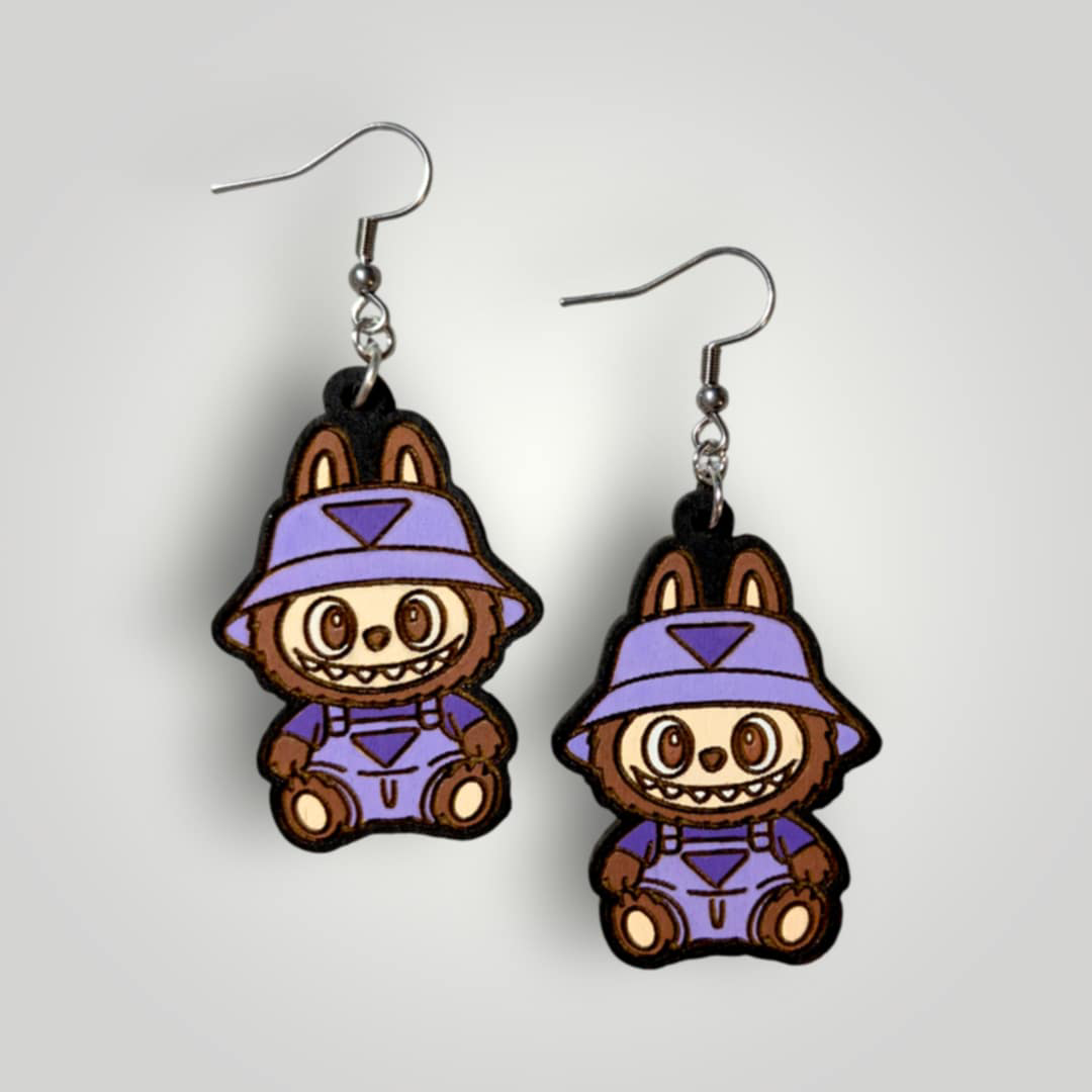 Labubu in Overalls Hand Painted Wood Earrings