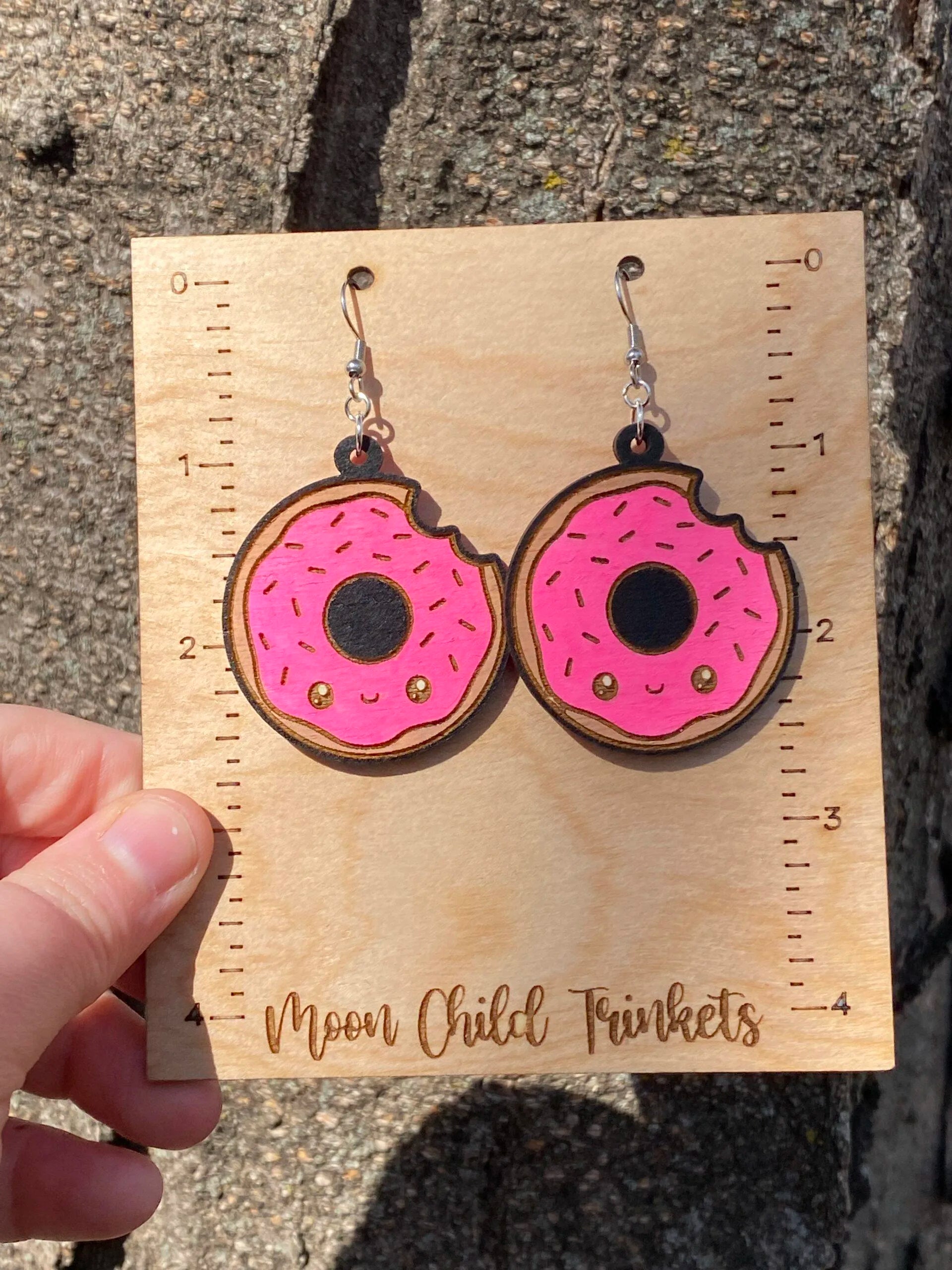 Donut Kawaii Hand Painted Wood Dangle Earrings image 1