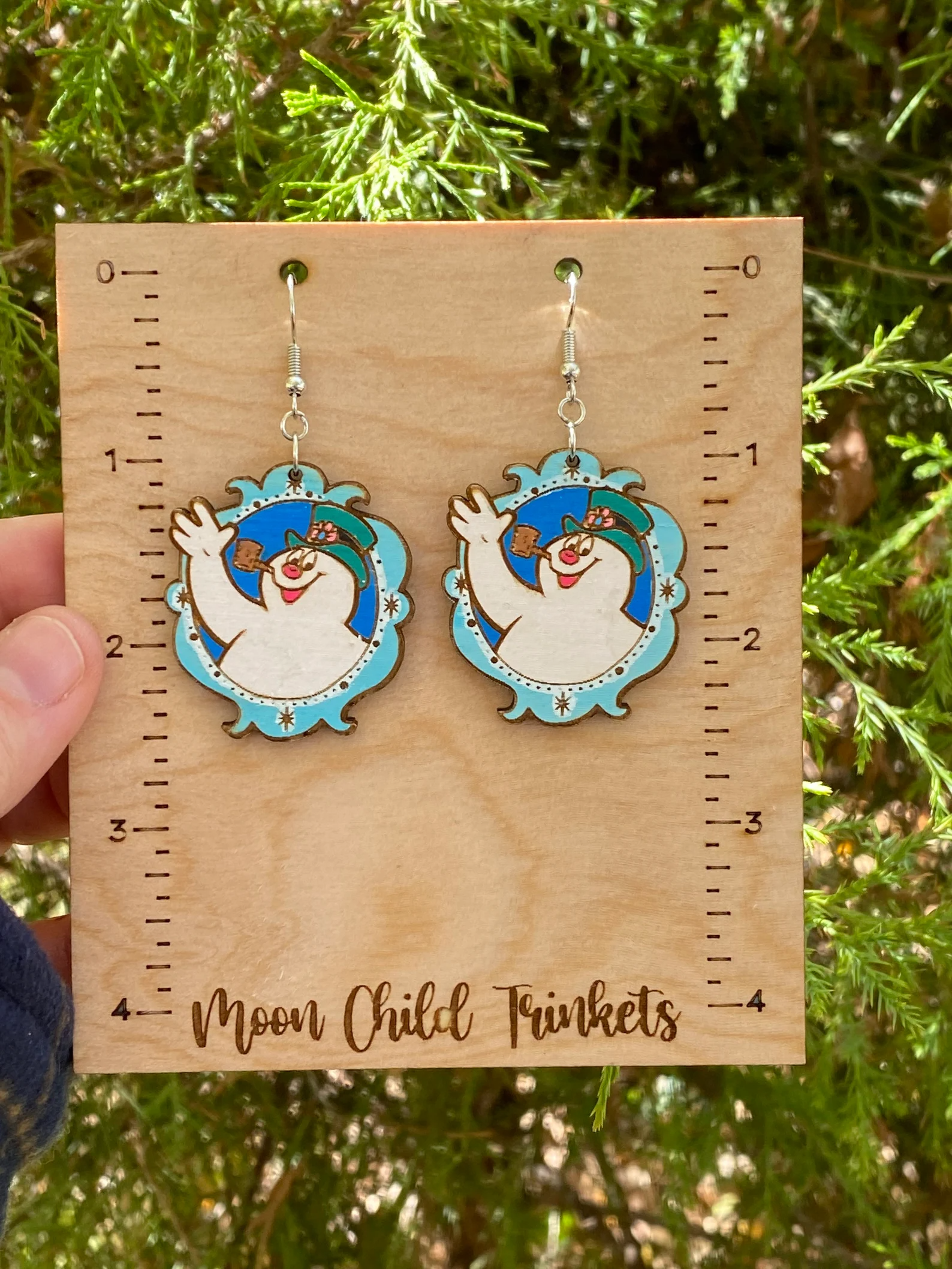 Frosty The Snowman Hand Painted Wooden Drop Earrings image 1