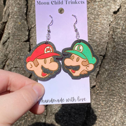 Mario and Luigi Hand Painted Wood Dangle Earrings