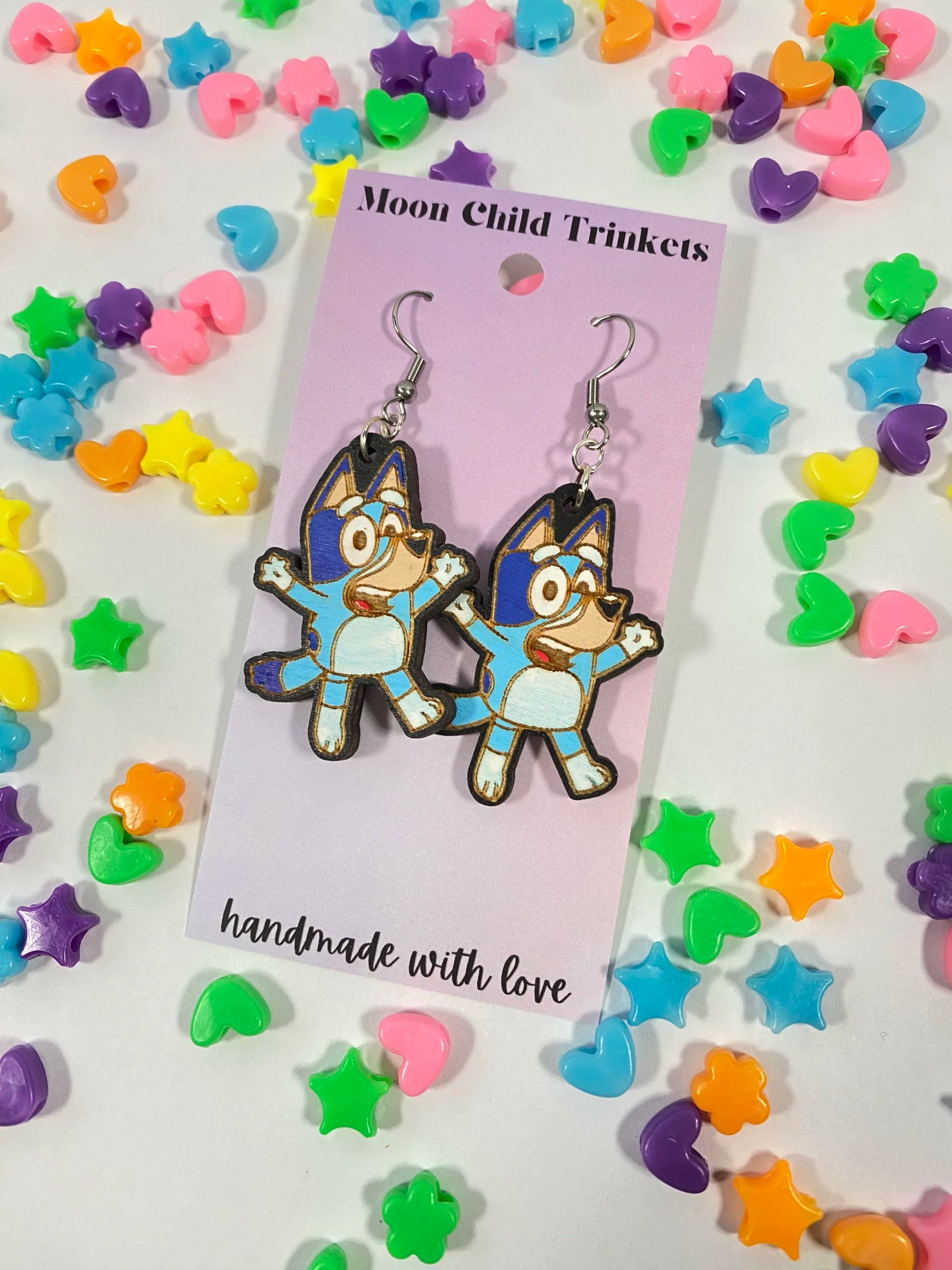 Bluey Dog Hand Painted Wood Dangle Earrings image 1