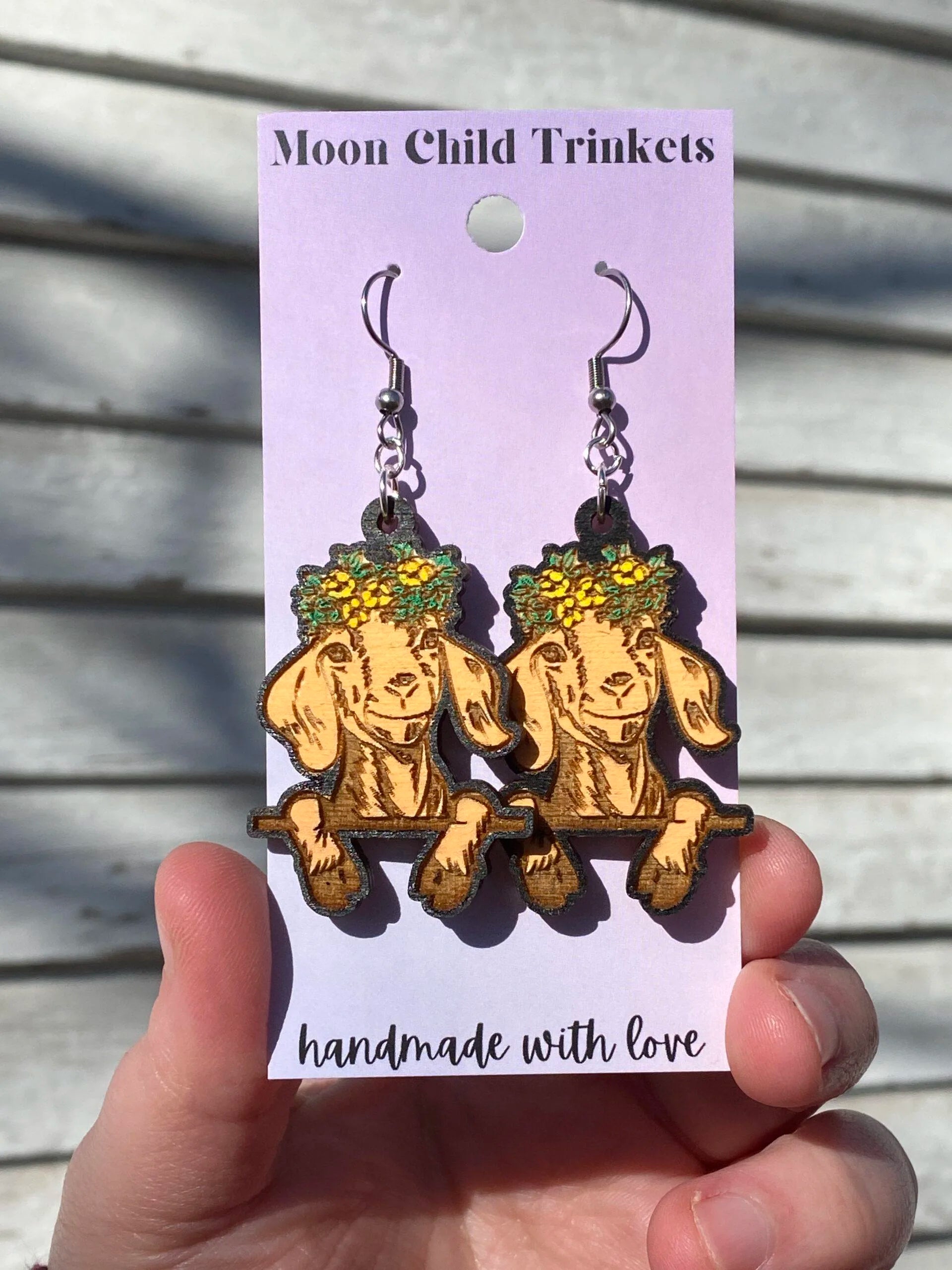 Floral Goat Hand Painted Wood Dangle Earrings image 3