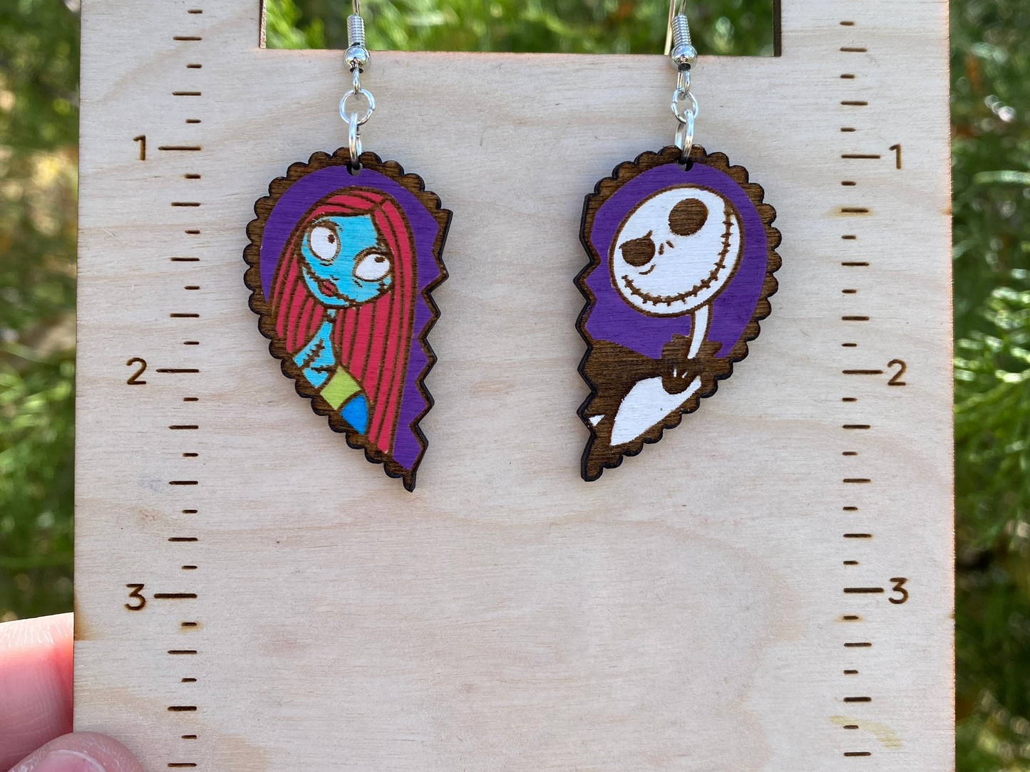 Nightmare Before Christmas Jack and Sally Heart Hand Painted Wood Dangle Earrings