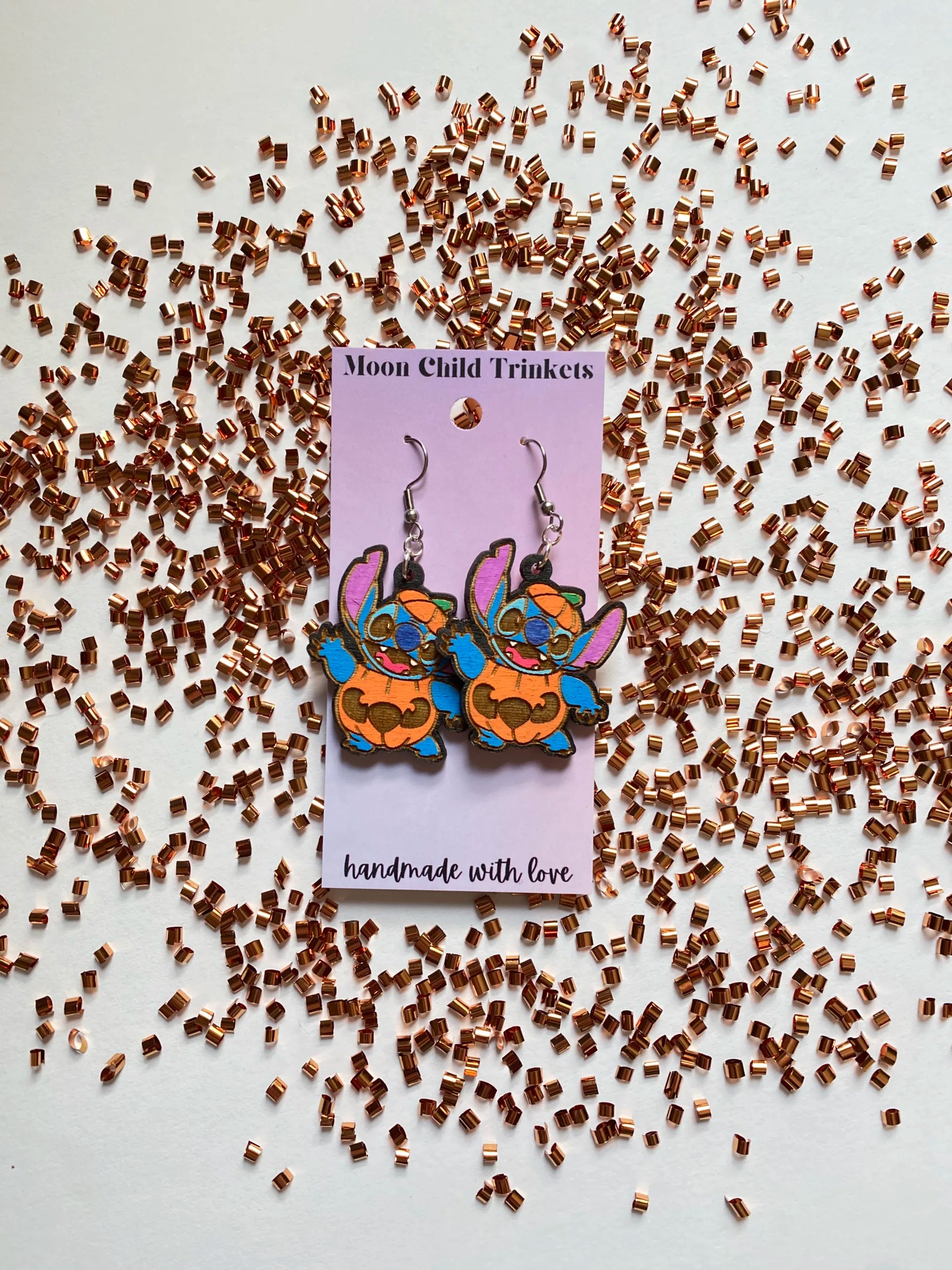Halloween Pumpkin Stitch Hand Painted Wood Dangle Earrings image 1