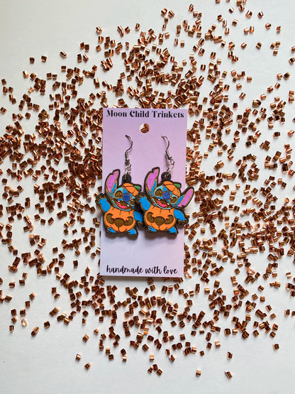 Halloween Pumpkin Stitch Hand Painted Wood Dangle Earrings image 1