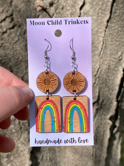 Boho Rainbow Hand Painted Wood Earrings image 0