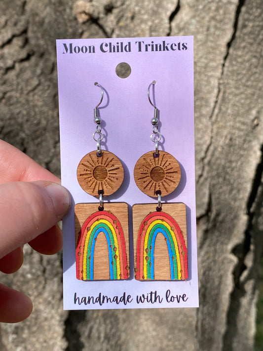 Boho Rainbow Hand Painted Wood Earrings image 0