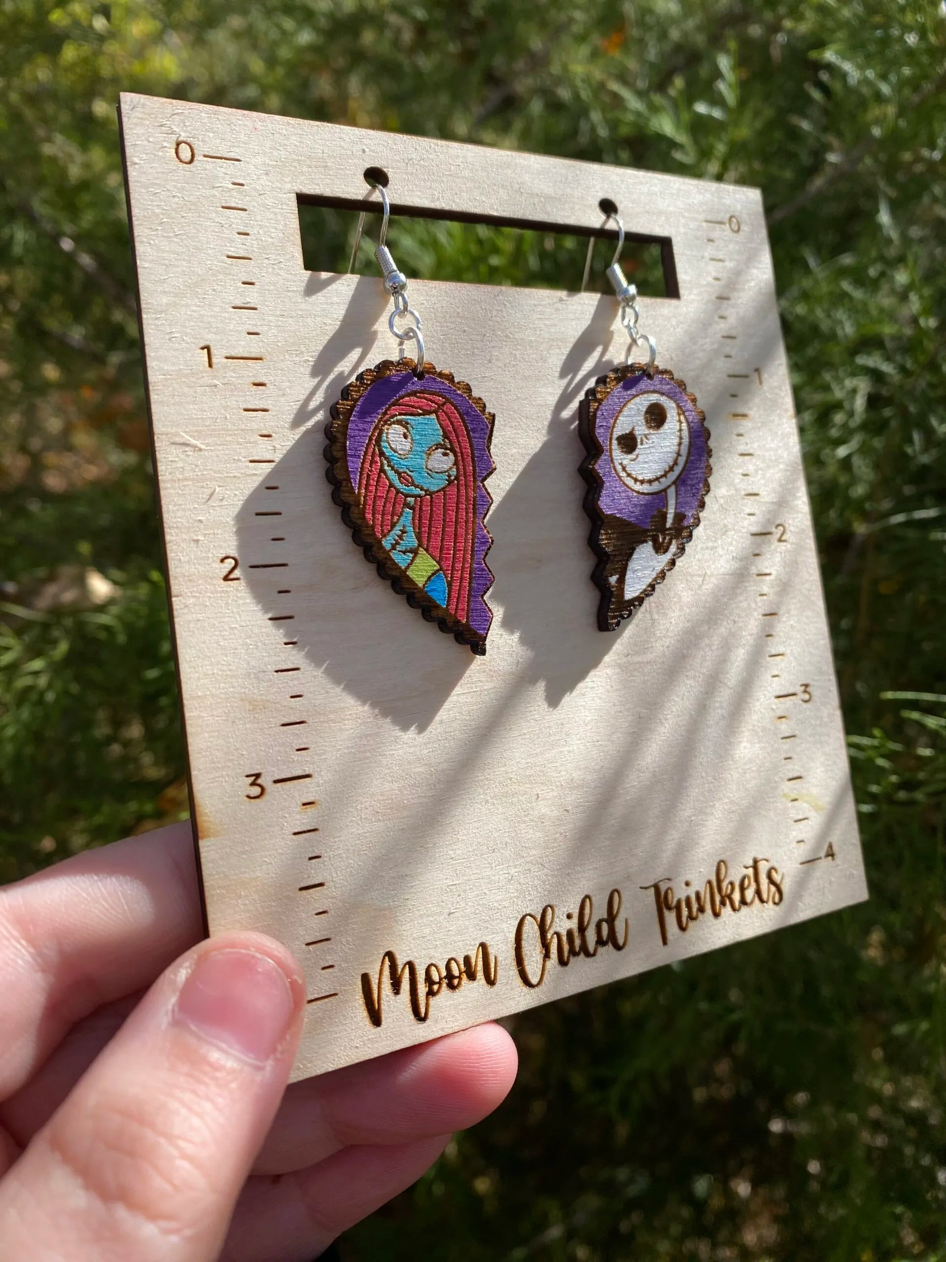 Nightmare Before Christmas Jack and Sally Heart Hand Painted Wood Dangle Earrings image 1