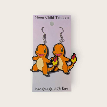 Pokemon Charmander Hand Painted Wood Dangle Earrings