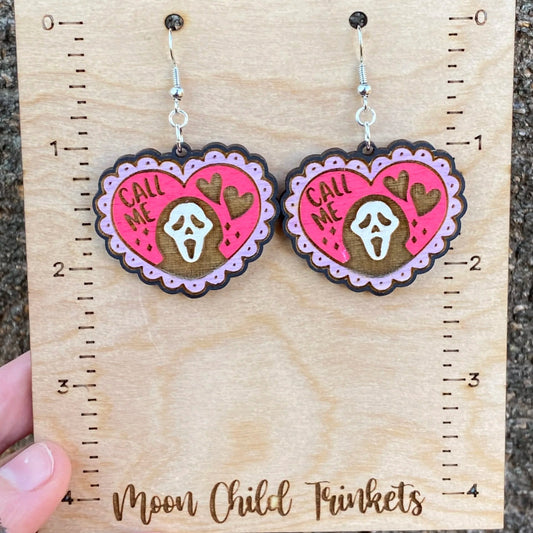 Ghost Face Horror Valentine Hand Painted Wood Dangle Earrings image 1
