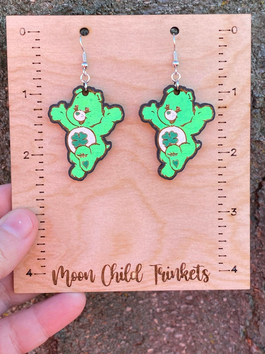 Good Luck Care Bear Hand Painted Wood Dangle Earrings image 0
