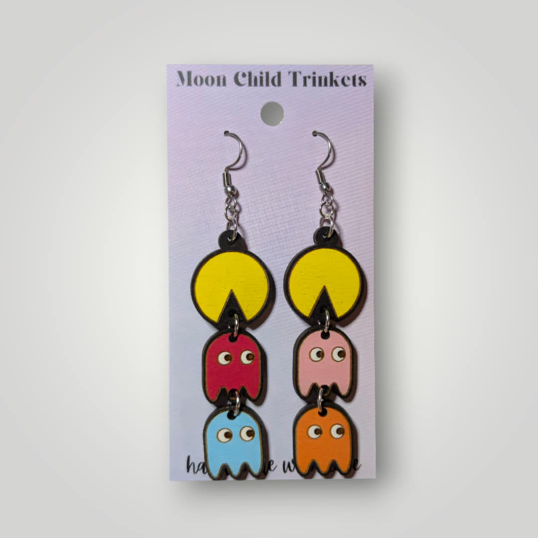 Retro Arcade Pac Man Hand Painted Wood Earrings