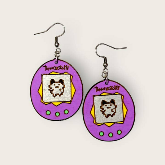 Tamagotchi Hand Painted Wood Dangle Earrings