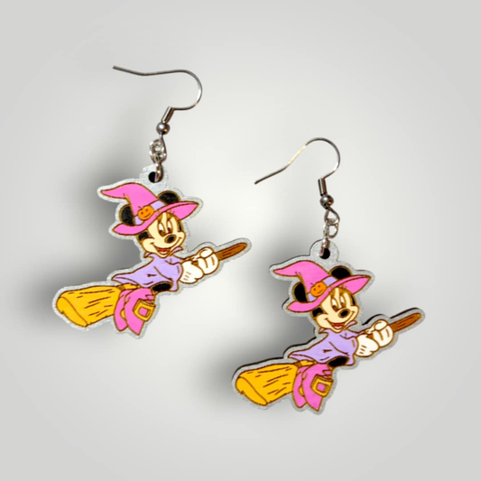 Minnie Mouse Witch Costume Halloween Hand Painted Wood Dangle Earrings