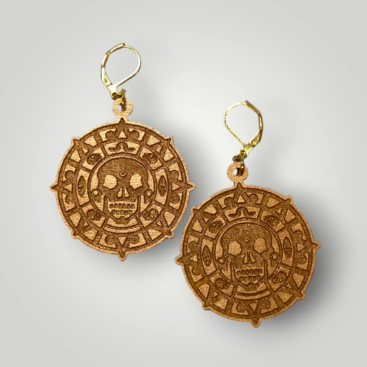 Pirates of The Caribbean Coin Hand Painted Wood Dangle Earrings
