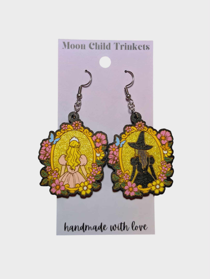 Elphaba and Glinda Framed Hand Painted Wood Earrings