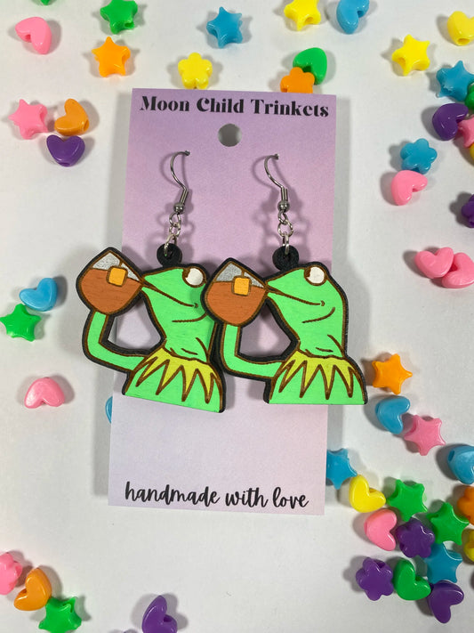 Kermit Tea Sip Meme Hand Painted Wood Dangle Earrings image 0