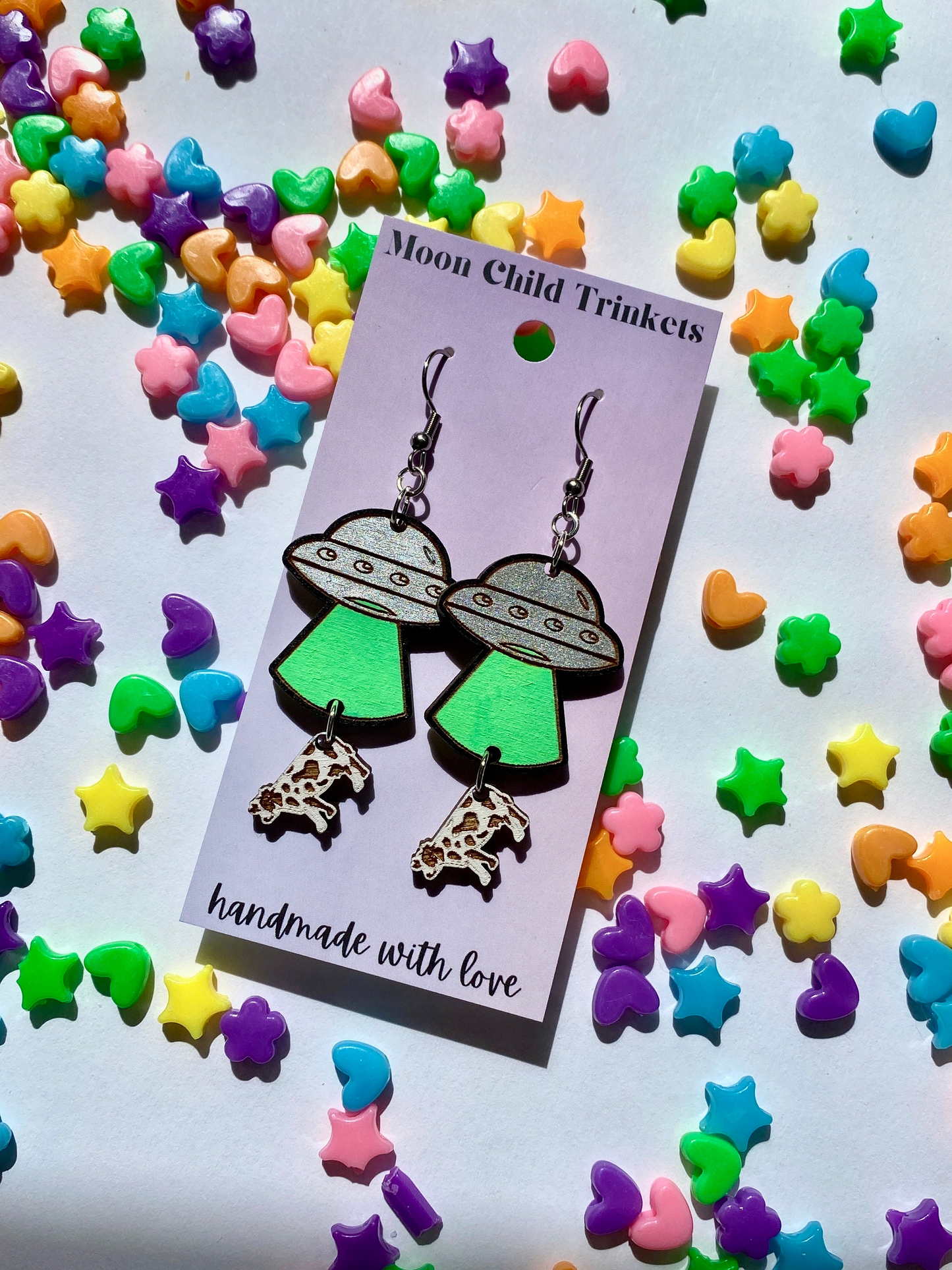 UFO Alien Abduction Hand Painted Wood Dangle Earrings image 0