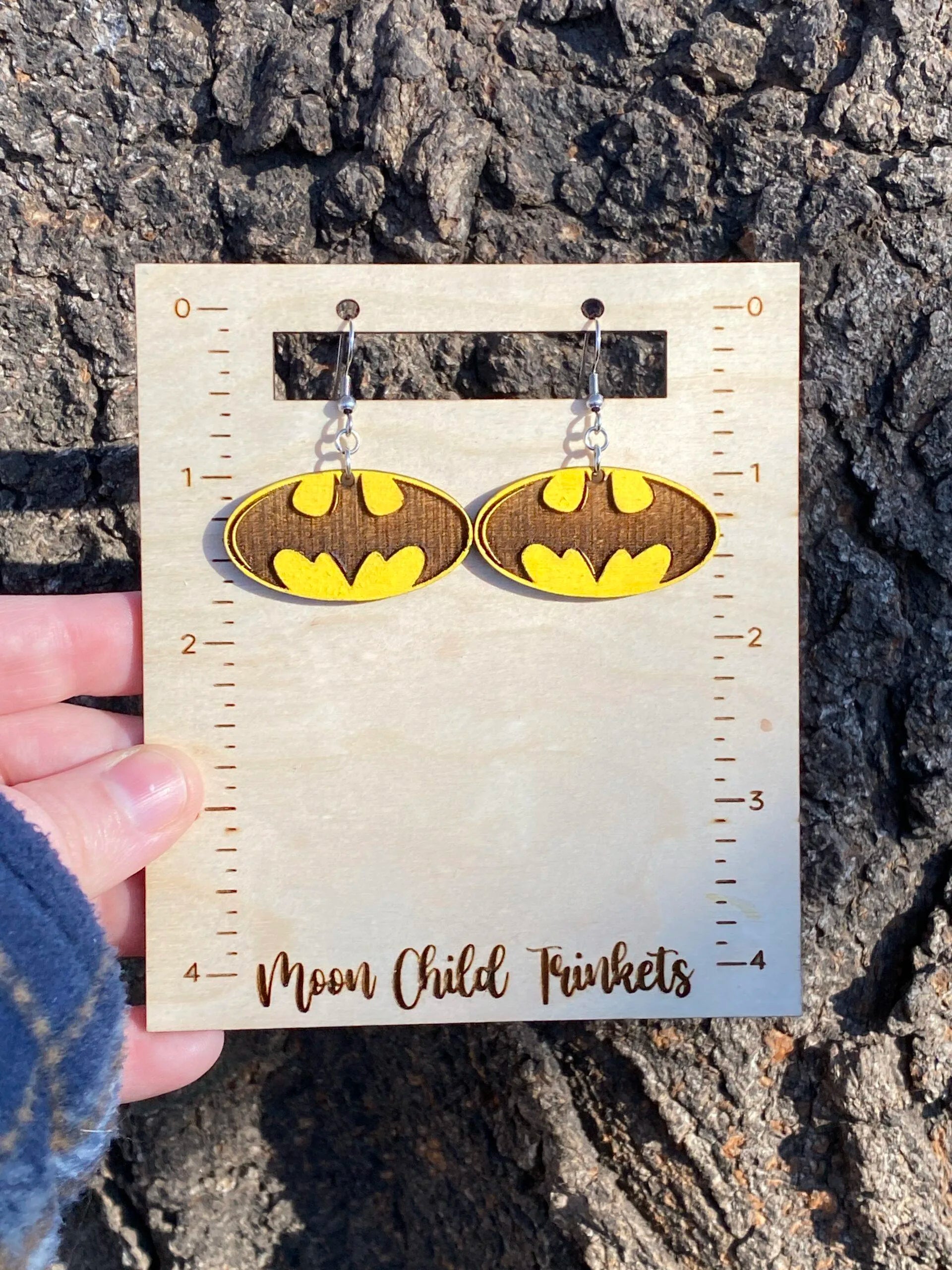 Batman Logo Hand Painted Wood Dangle Earrings image 1