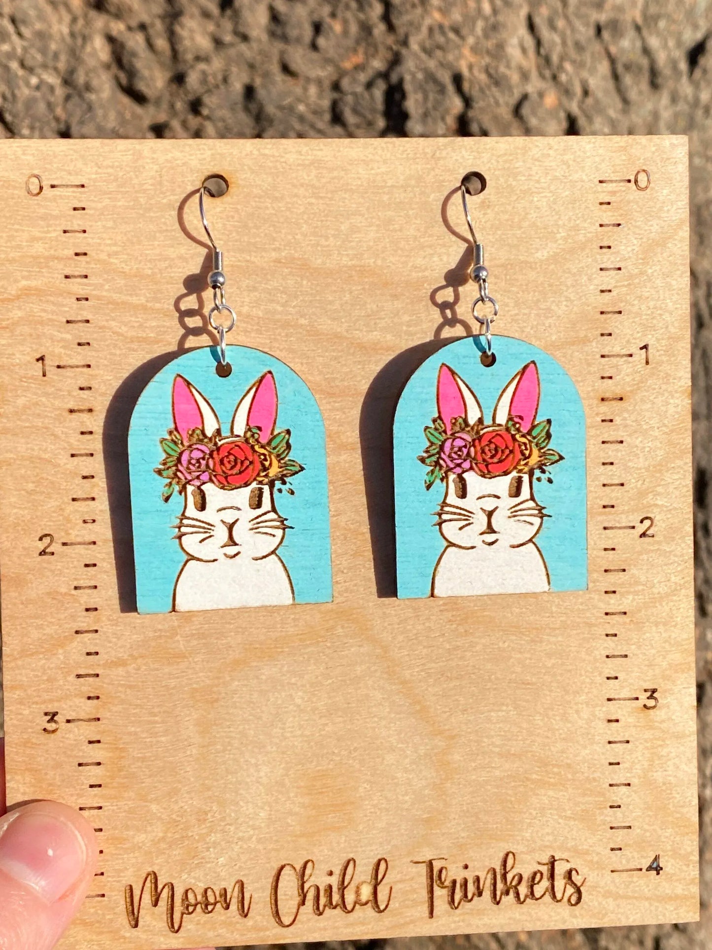 Floral Easter Bunny Hand Painted Wood Dangle Earrings image 0