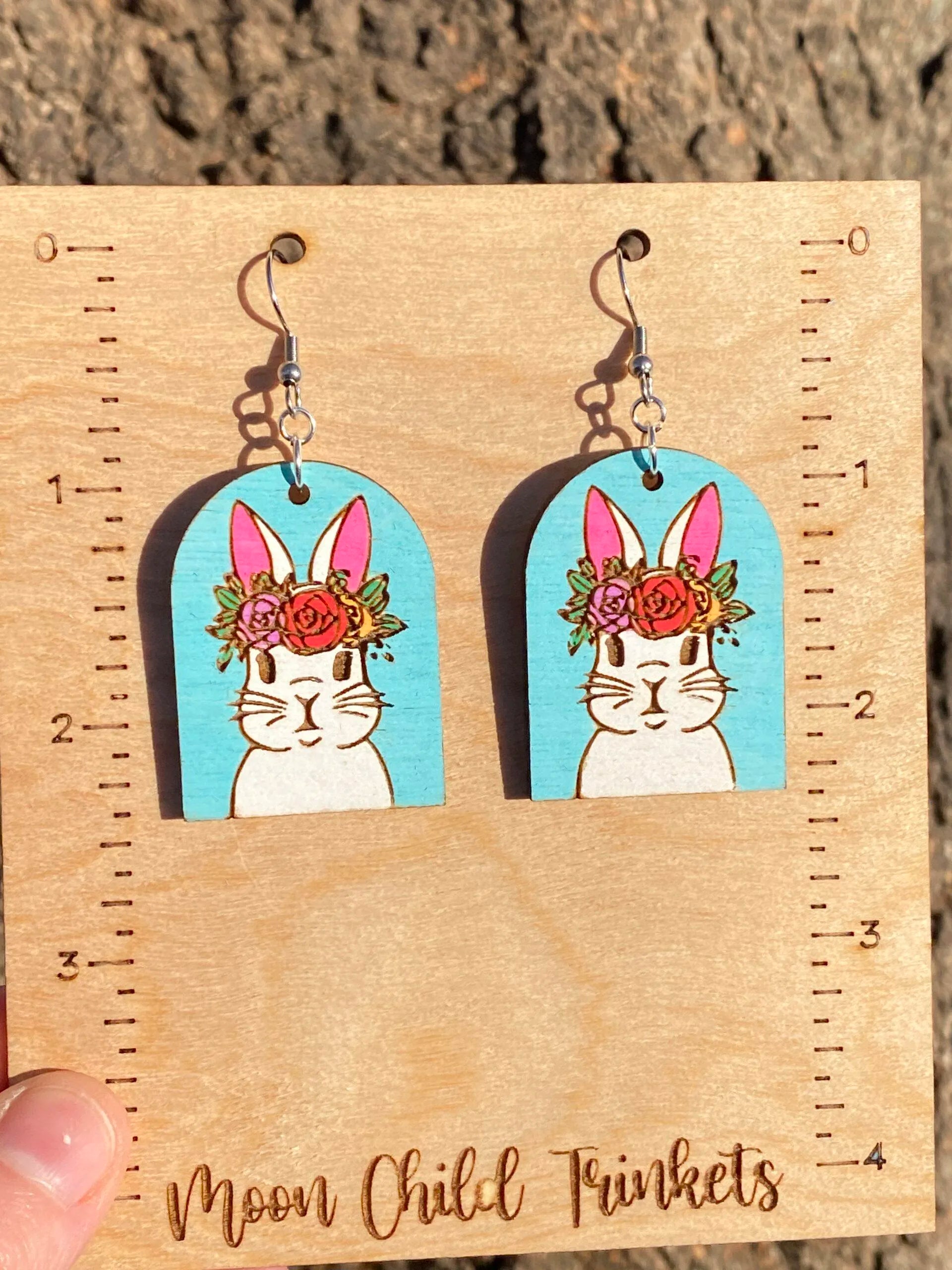 Floral Easter Bunny Hand Painted Wood Dangle Earrings image 0