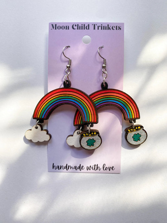 St Patricks Day Pot of Gold Rainbow Dangle Earrings image 0