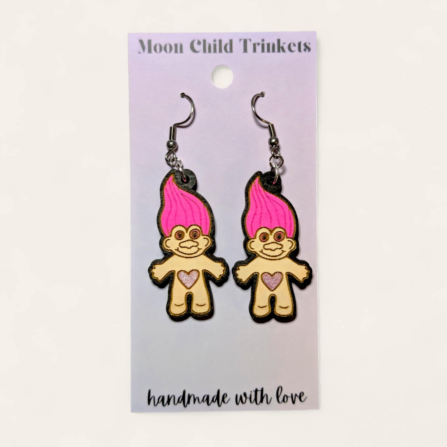 Troll Doll Hand Painted Wood Earrings