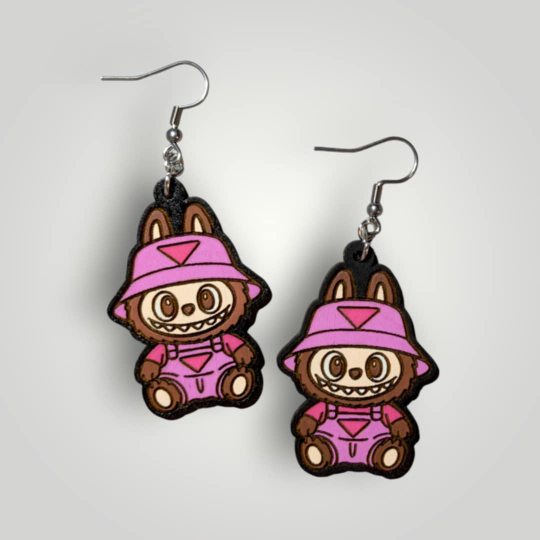 Labubu in Overalls Hand Painted Wood Earrings