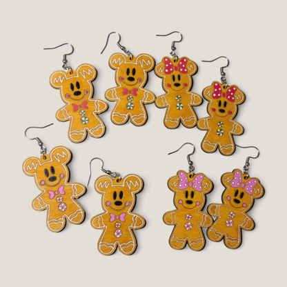 Mickey and Minnie Gingerbread Hand Painted Wood Earrings
