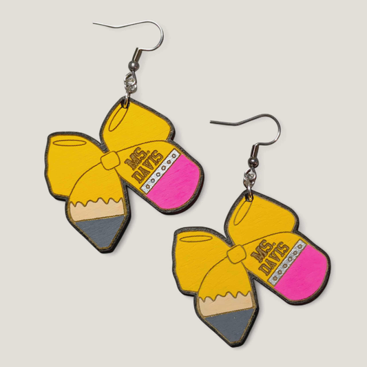 Personalized Pencil Bow Hand Painted Wood Dangle Earrings